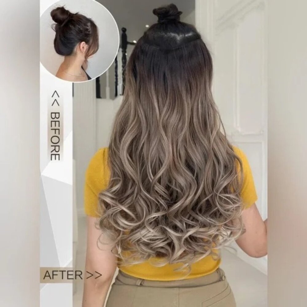 24 In One Piece Clip In Wavy Extensions Balayage hair Style - dark root Blonde - Picture 7 of 9